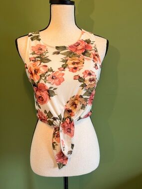 Floral Tie-Front Sleeveless Top - White with Pink/Coral Roses